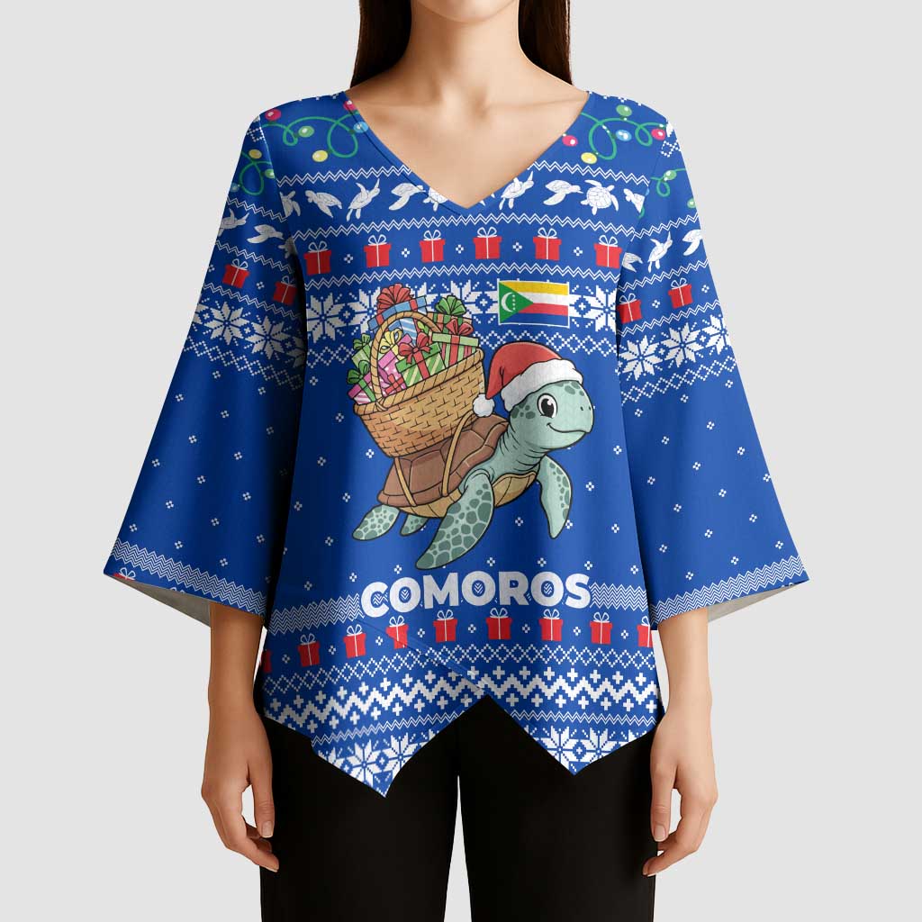 Comoros Christmas Kimono Sleeve Blouse with Santa Turtle Gifts Snowflakes and Ocean Blue Holiday Pattern - Wonder Print Shop
