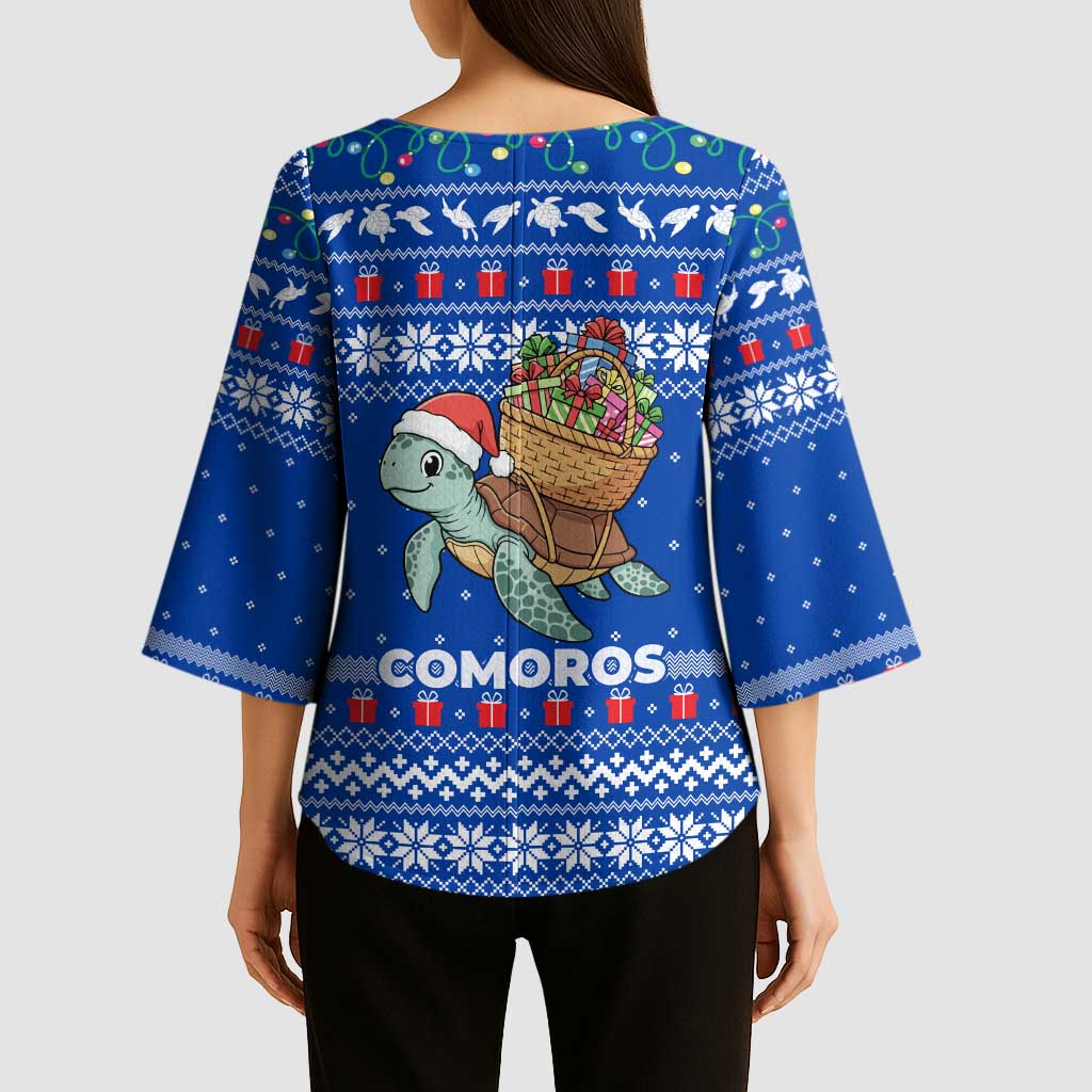 Comoros Christmas Kimono Sleeve Blouse with Santa Turtle Gifts Snowflakes and Ocean Blue Holiday Pattern - Wonder Print Shop