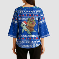 Comoros Christmas Kimono Sleeve Blouse with Santa Turtle Gifts Snowflakes and Ocean Blue Holiday Pattern - Wonder Print Shop