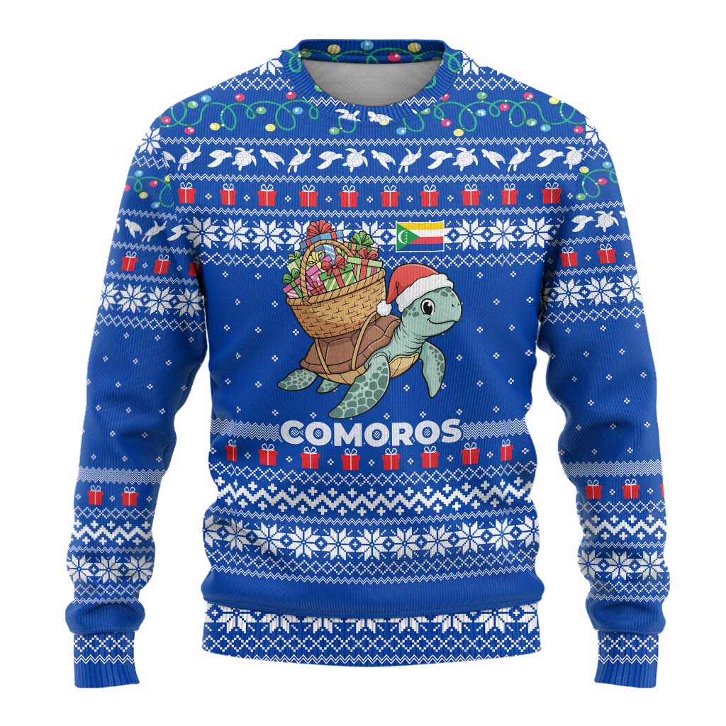 Comoros Christmas Ugly Christmas Sweater with Santa Turtle Gifts Snowflakes and Ocean Blue Holiday Pattern - Wonder Print Shop