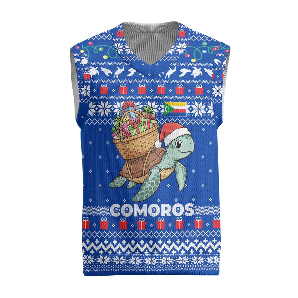 Comoros Christmas Knitted V-Neck Vest with Santa Turtle Gifts Snowflakes and Ocean Blue Holiday Pattern - Wonder Print Shop