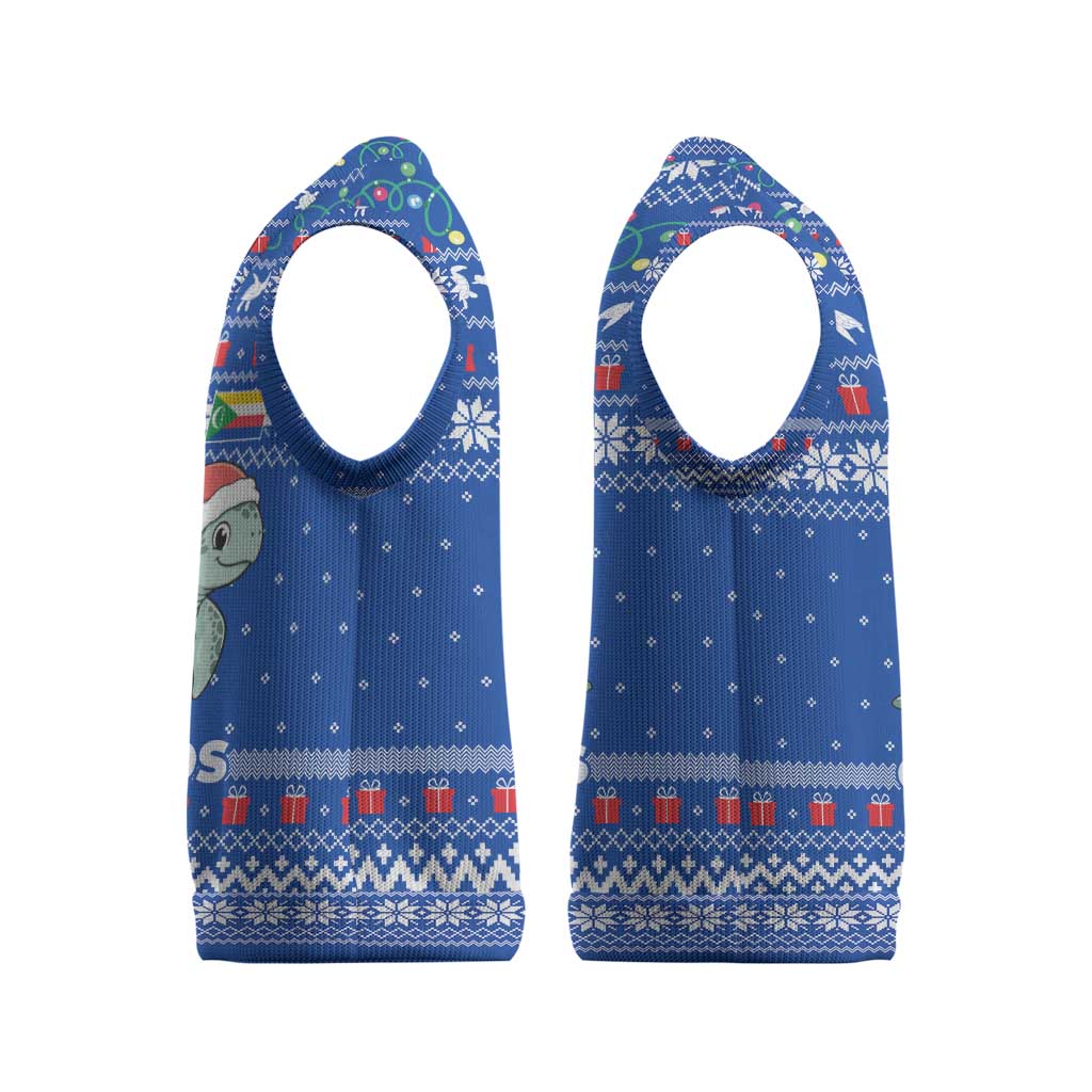 Comoros Christmas Knitted V-Neck Vest with Santa Turtle Gifts Snowflakes and Ocean Blue Holiday Pattern - Wonder Print Shop