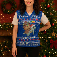 Comoros Christmas Knitted V-Neck Vest with Santa Turtle Gifts Snowflakes and Ocean Blue Holiday Pattern - Wonder Print Shop