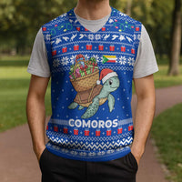 Comoros Christmas Knitted V-Neck Vest with Santa Turtle Gifts Snowflakes and Ocean Blue Holiday Pattern - Wonder Print Shop