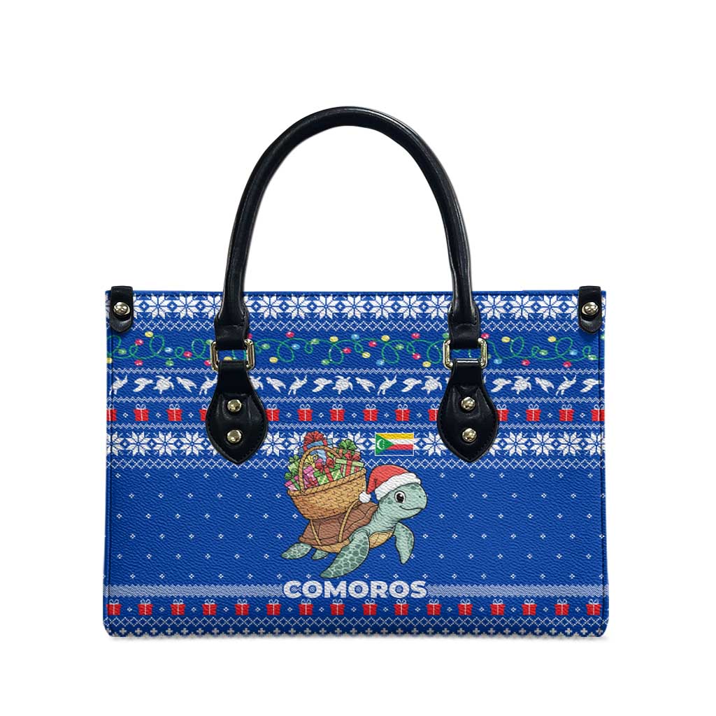 Comoros Christmas Leather Bag with Santa Turtle Gifts Snowflakes and Ocean Blue Holiday Pattern - Wonder Print Shop