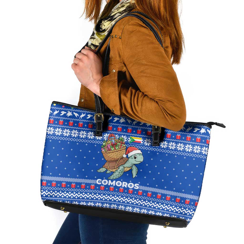 Comoros Christmas Leather Tote Bag with Santa Turtle Gifts Snowflakes and Ocean Blue Holiday Pattern - Wonder Print Shop
