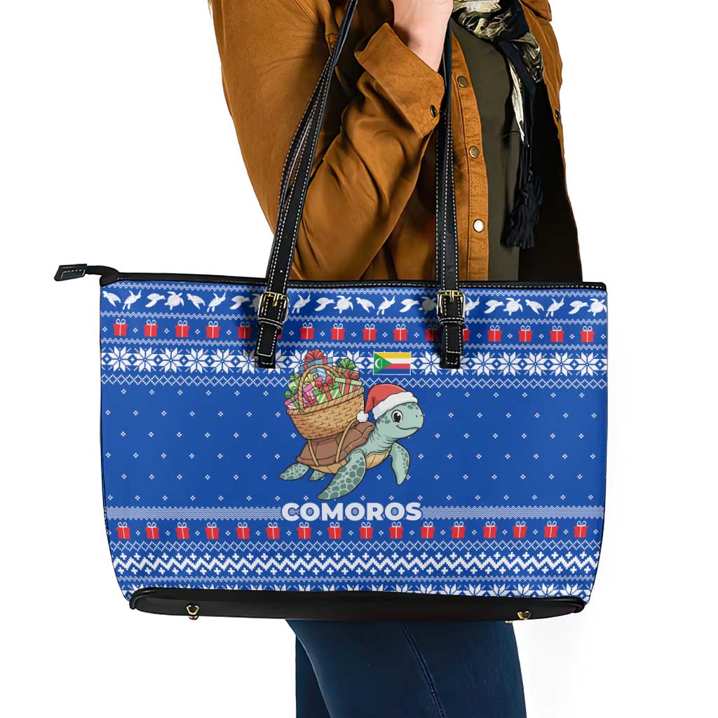 Comoros Christmas Leather Tote Bag with Santa Turtle Gifts Snowflakes and Ocean Blue Holiday Pattern - Wonder Print Shop