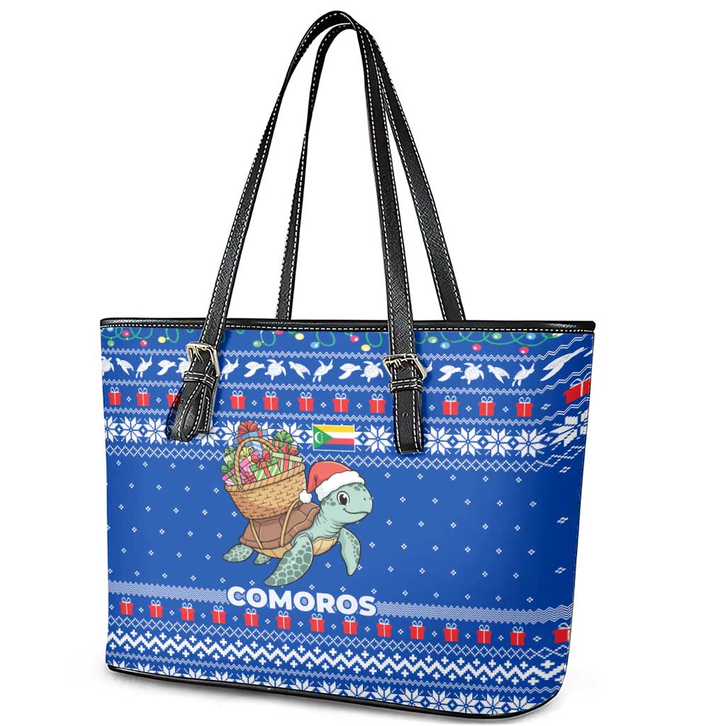 Comoros Christmas Leather Tote Bag with Santa Turtle Gifts Snowflakes and Ocean Blue Holiday Pattern - Wonder Print Shop