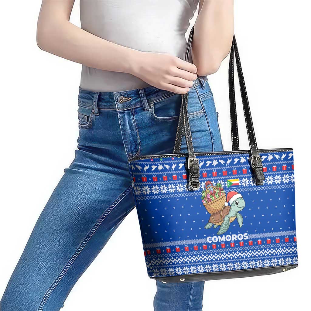 Comoros Christmas Leather Tote Bag with Santa Turtle Gifts Snowflakes and Ocean Blue Holiday Pattern - Wonder Print Shop
