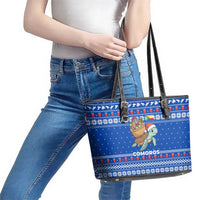 Comoros Christmas Leather Tote Bag with Santa Turtle Gifts Snowflakes and Ocean Blue Holiday Pattern - Wonder Print Shop