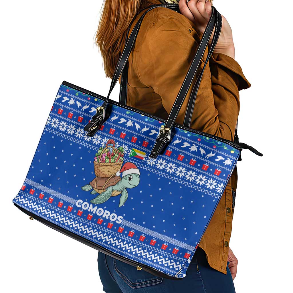 Comoros Christmas Leather Tote Bag with Santa Turtle Gifts Snowflakes and Ocean Blue Holiday Pattern - Wonder Print Shop