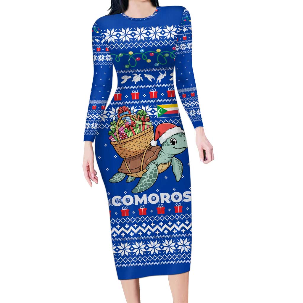 Comoros Christmas Long Sleeve Bodycon Dress with Santa Turtle Gifts Snowflakes and Ocean Blue Holiday Pattern - Wonder Print Shop