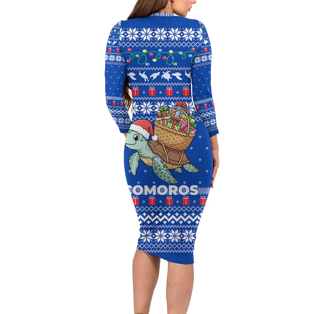 Comoros Christmas Long Sleeve Bodycon Dress with Santa Turtle Gifts Snowflakes and Ocean Blue Holiday Pattern - Wonder Print Shop