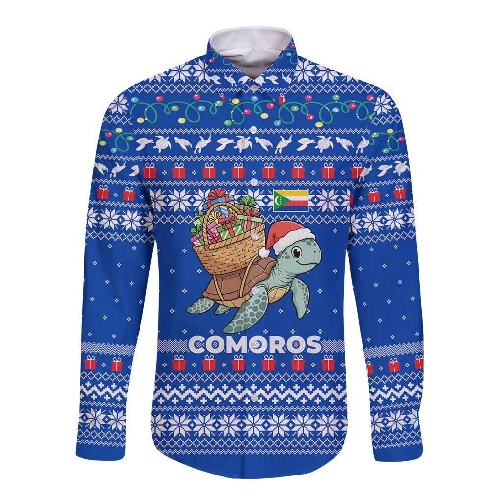 Comoros Christmas Long Sleeve Button Shirt with Santa Turtle Gifts Snowflakes and Ocean Blue Holiday Pattern - Wonder Print Shop
