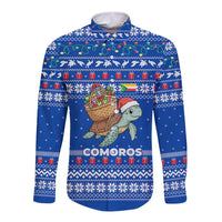 Comoros Christmas Long Sleeve Button Shirt with Santa Turtle Gifts Snowflakes and Ocean Blue Holiday Pattern - Wonder Print Shop