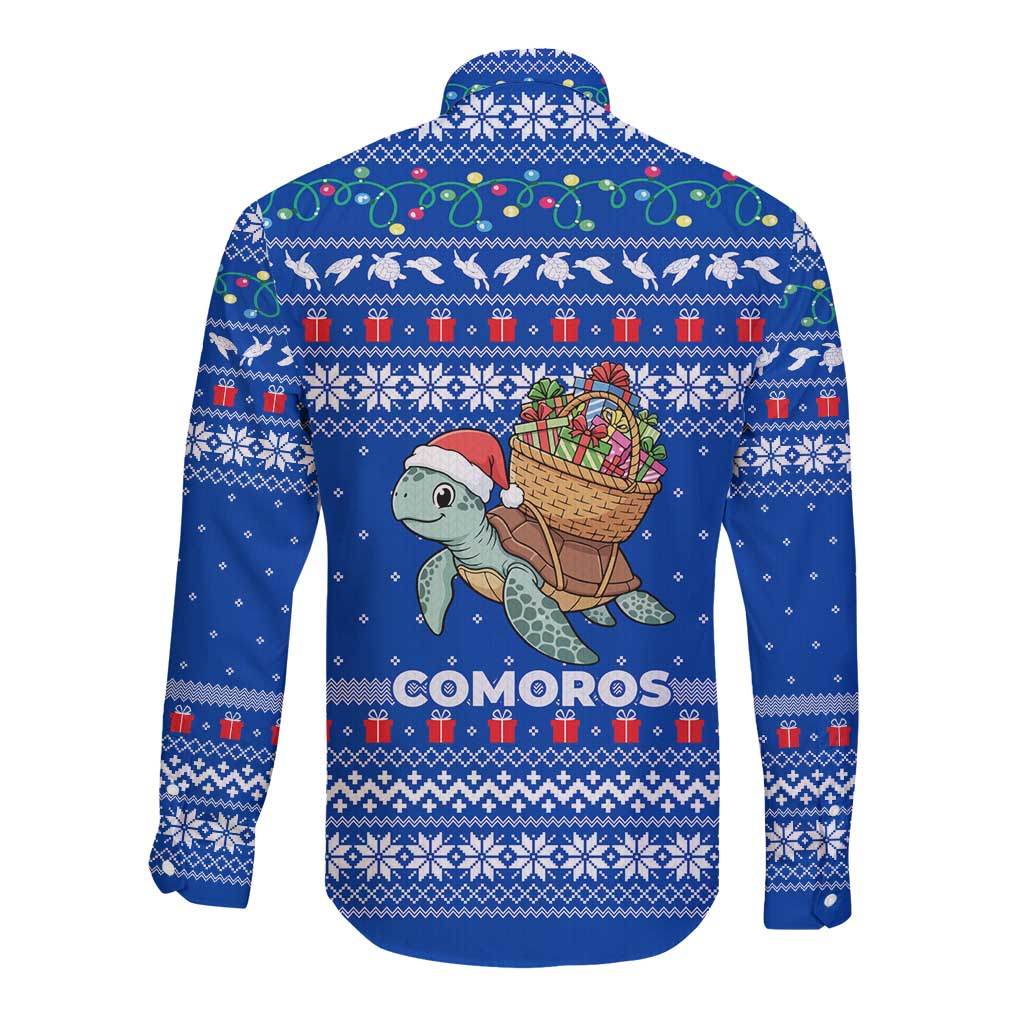 Comoros Christmas Long Sleeve Button Shirt with Santa Turtle Gifts Snowflakes and Ocean Blue Holiday Pattern - Wonder Print Shop