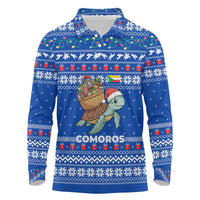 Comoros Christmas Long Sleeve Polo Shirt with Santa Turtle Gifts Snowflakes and Ocean Blue Holiday Pattern - Wonder Print Shop
