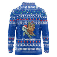 Comoros Christmas Long Sleeve Polo Shirt with Santa Turtle Gifts Snowflakes and Ocean Blue Holiday Pattern - Wonder Print Shop