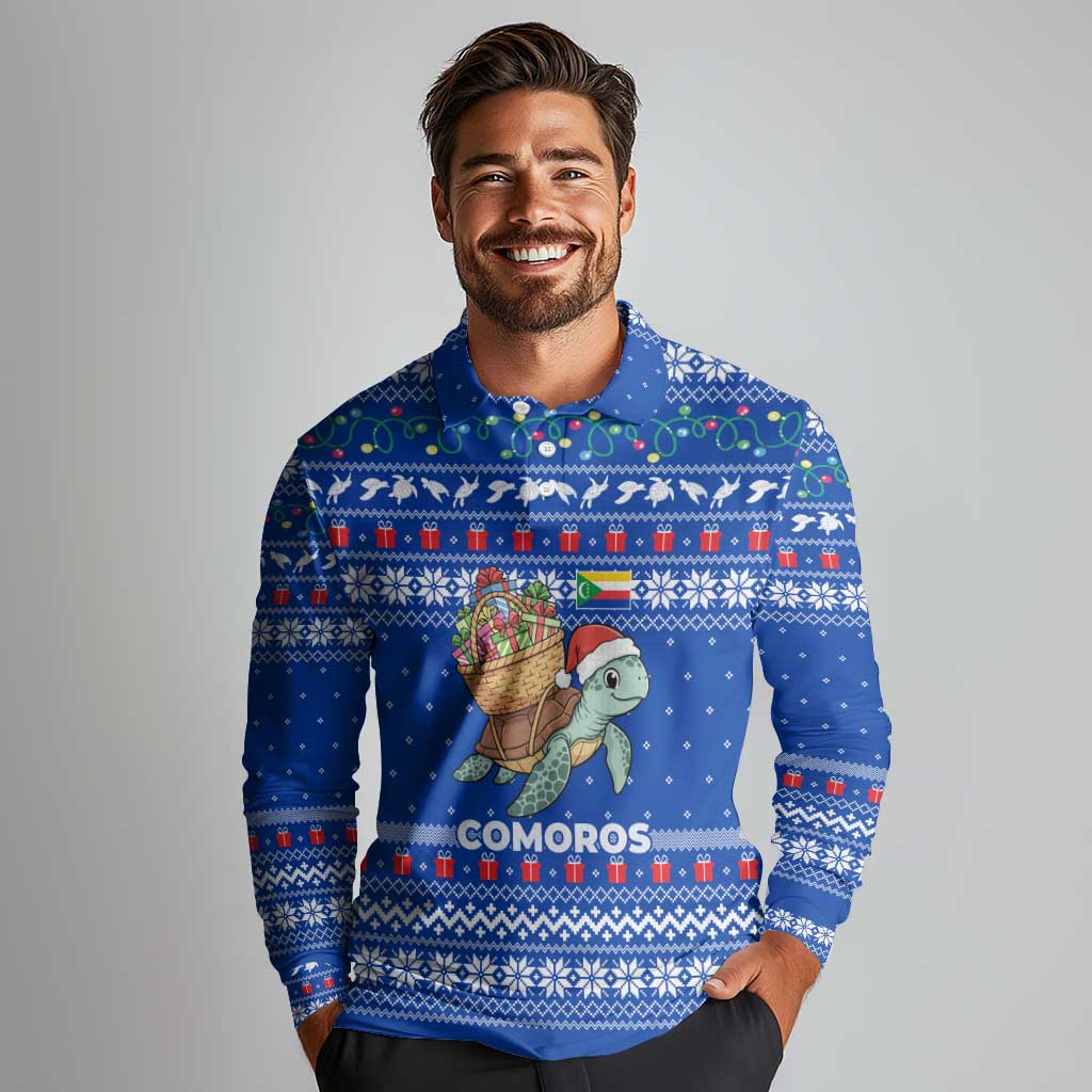 Comoros Christmas Long Sleeve Polo Shirt with Santa Turtle Gifts Snowflakes and Ocean Blue Holiday Pattern - Wonder Print Shop