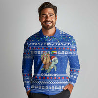 Comoros Christmas Long Sleeve Polo Shirt with Santa Turtle Gifts Snowflakes and Ocean Blue Holiday Pattern - Wonder Print Shop