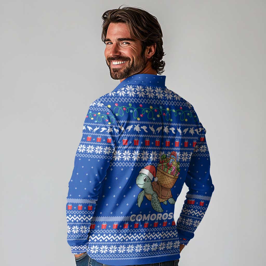 Comoros Christmas Long Sleeve Polo Shirt with Santa Turtle Gifts Snowflakes and Ocean Blue Holiday Pattern - Wonder Print Shop
