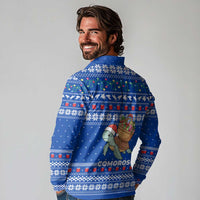 Comoros Christmas Long Sleeve Polo Shirt with Santa Turtle Gifts Snowflakes and Ocean Blue Holiday Pattern - Wonder Print Shop