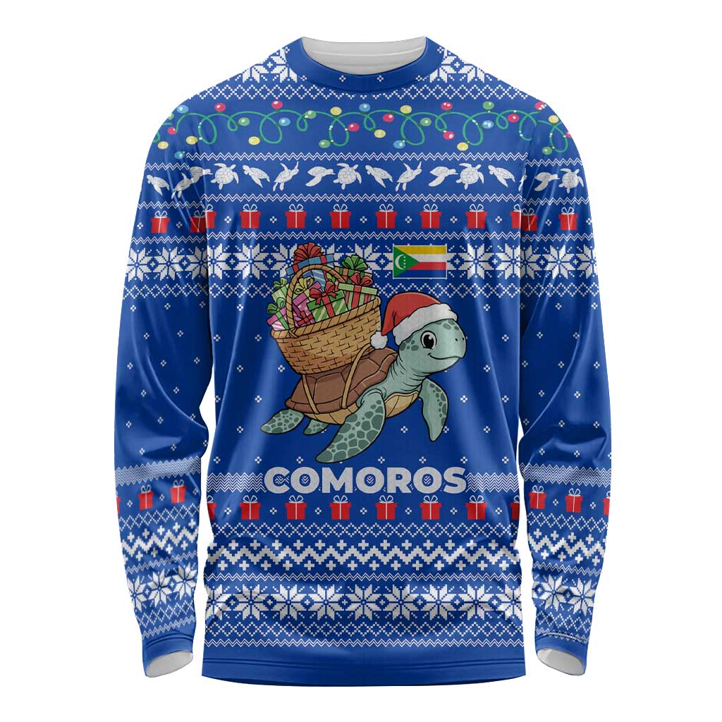 Comoros Christmas Long Sleeve Shirt with Santa Turtle Gifts Snowflakes and Ocean Blue Holiday Pattern - Wonder Print Shop