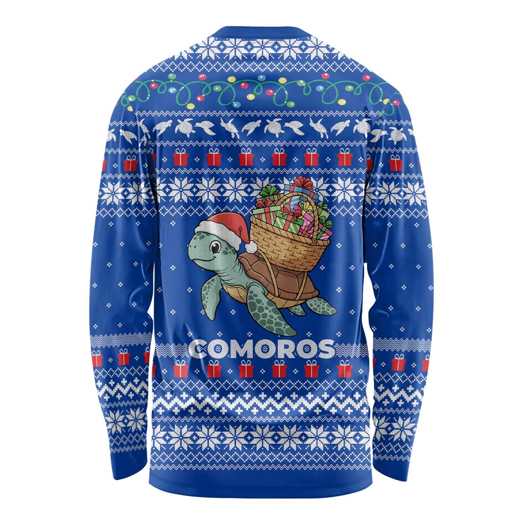 Comoros Christmas Long Sleeve Shirt with Santa Turtle Gifts Snowflakes and Ocean Blue Holiday Pattern - Wonder Print Shop