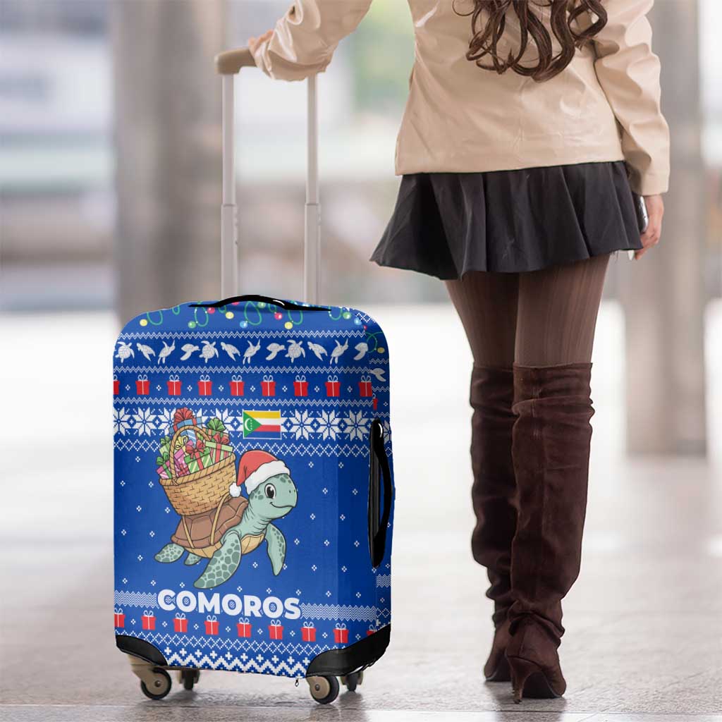 Comoros Christmas Luggage Cover with Santa Turtle Gifts Snowflakes and Ocean Blue Holiday Pattern - Wonder Print Shop