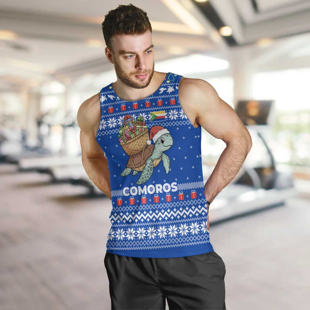 Comoros Christmas Men Tank Top with Santa Turtle Gifts Snowflakes and Ocean Blue Holiday Pattern - Wonder Print Shop