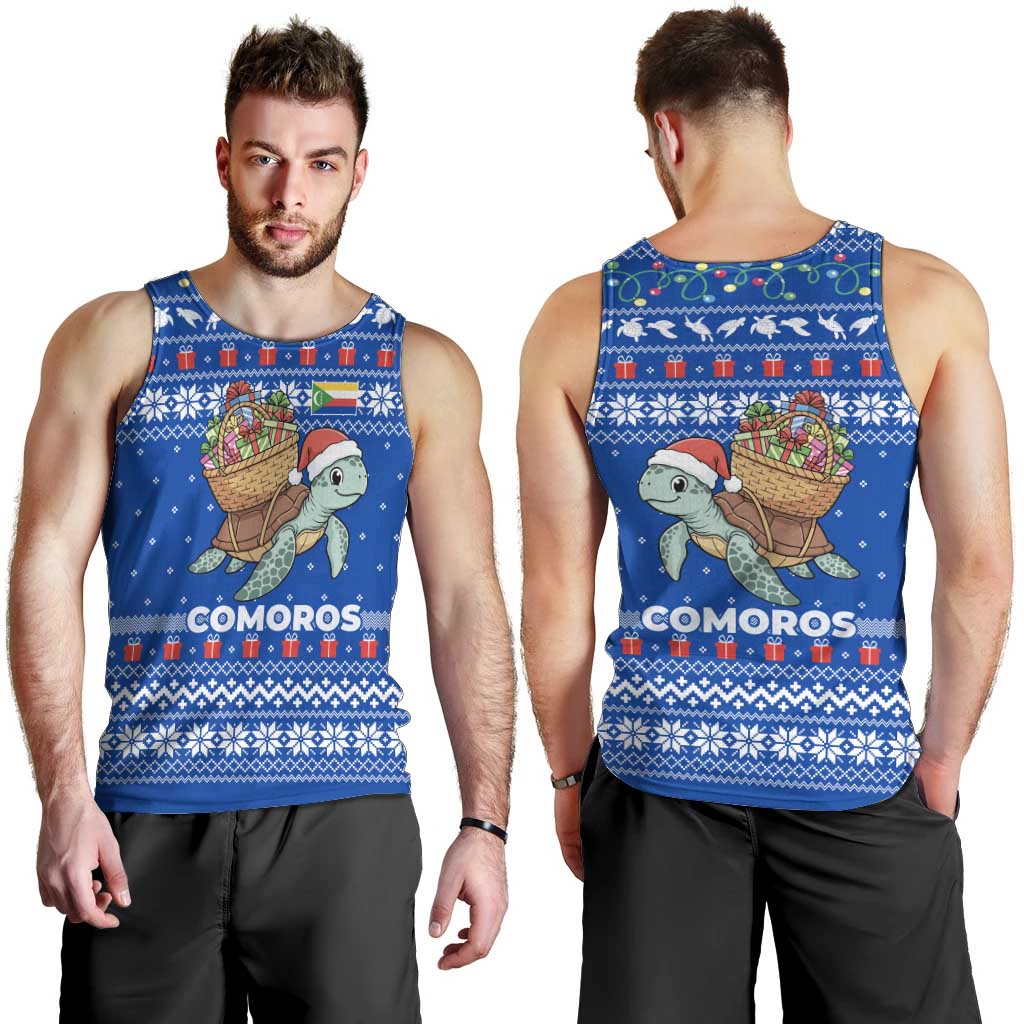 Comoros Christmas Men Tank Top with Santa Turtle Gifts Snowflakes and Ocean Blue Holiday Pattern - Wonder Print Shop