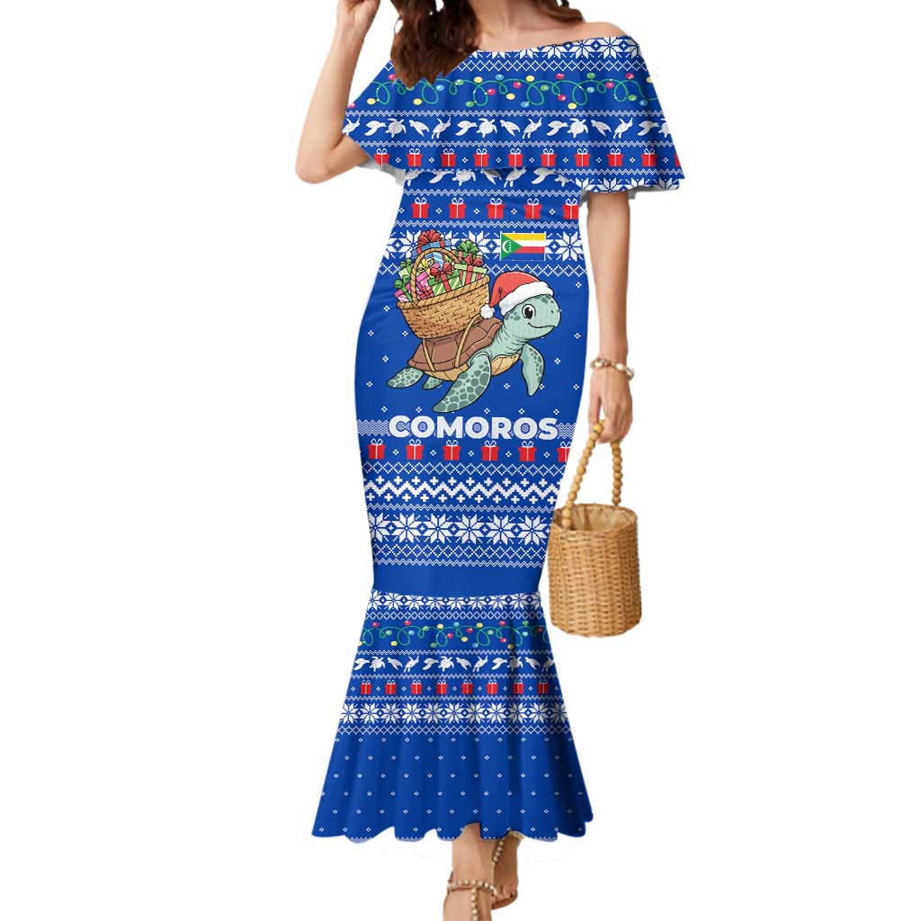 Comoros Christmas Mermaid Dress with Santa Turtle Gifts Snowflakes and Ocean Blue Holiday Pattern - Wonder Print Shop