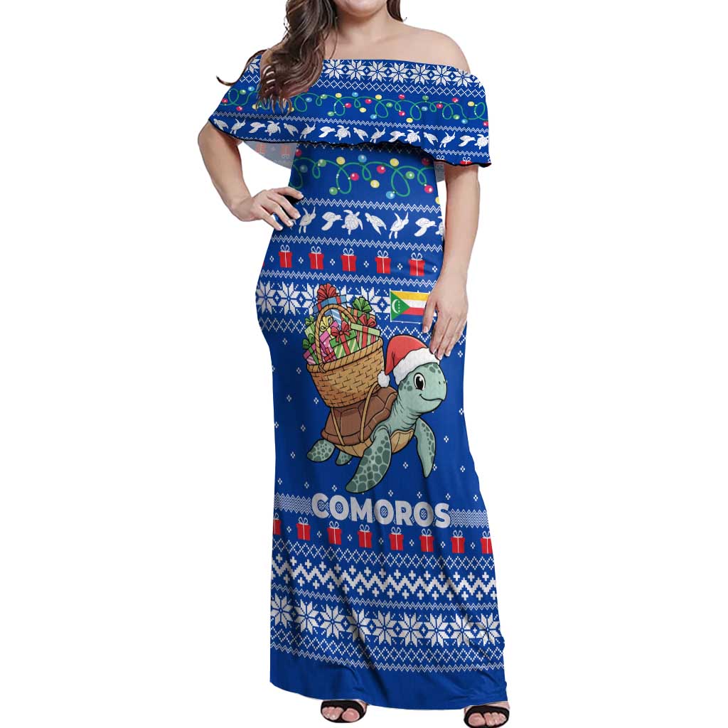 Comoros Christmas Off Shoulder Maxi Dress with Santa Turtle Gifts Snowflakes and Ocean Blue Holiday Pattern - Wonder Print Shop