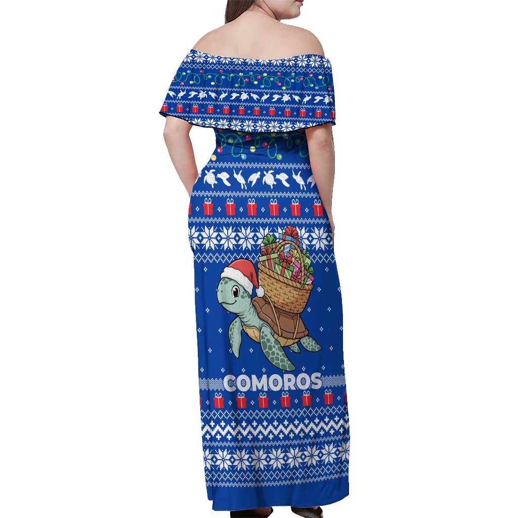 Comoros Christmas Off Shoulder Maxi Dress with Santa Turtle Gifts Snowflakes and Ocean Blue Holiday Pattern - Wonder Print Shop