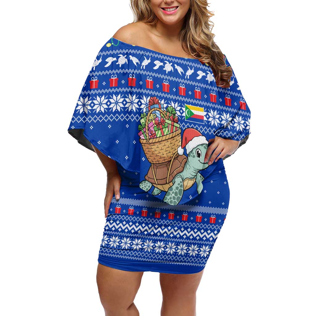 Comoros Christmas Off Shoulder Short Dress with Santa Turtle Gifts Snowflakes and Ocean Blue Holiday Pattern - Wonder Print Shop