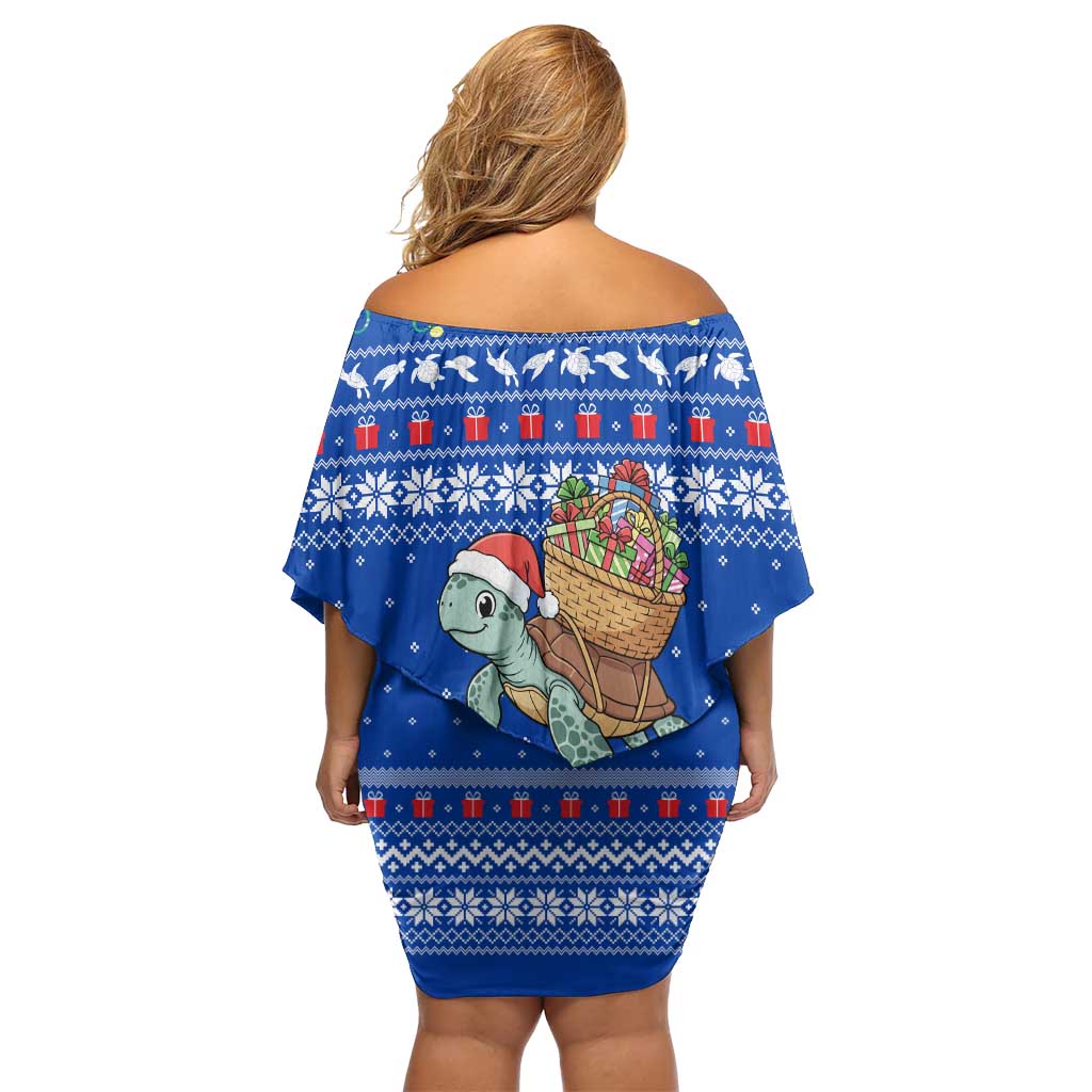 Comoros Christmas Off Shoulder Short Dress with Santa Turtle Gifts Snowflakes and Ocean Blue Holiday Pattern - Wonder Print Shop