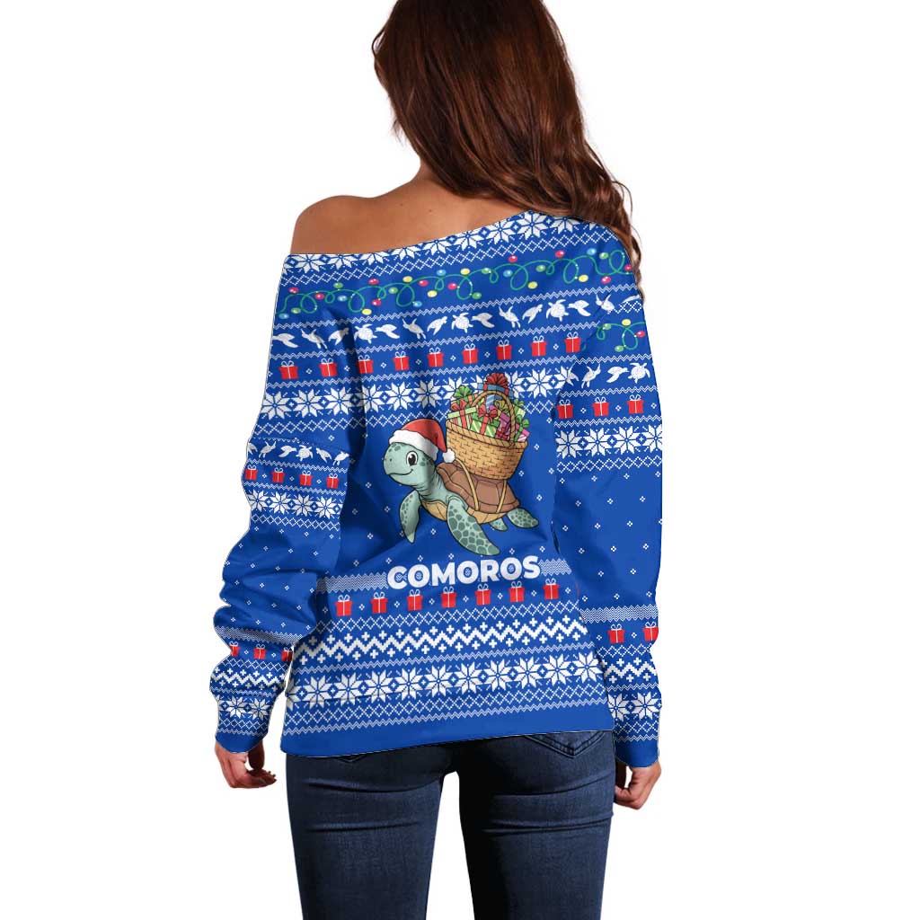 Comoros Christmas Off Shoulder Sweater with Santa Turtle Gifts Snowflakes and Ocean Blue Holiday Pattern - Wonder Print Shop