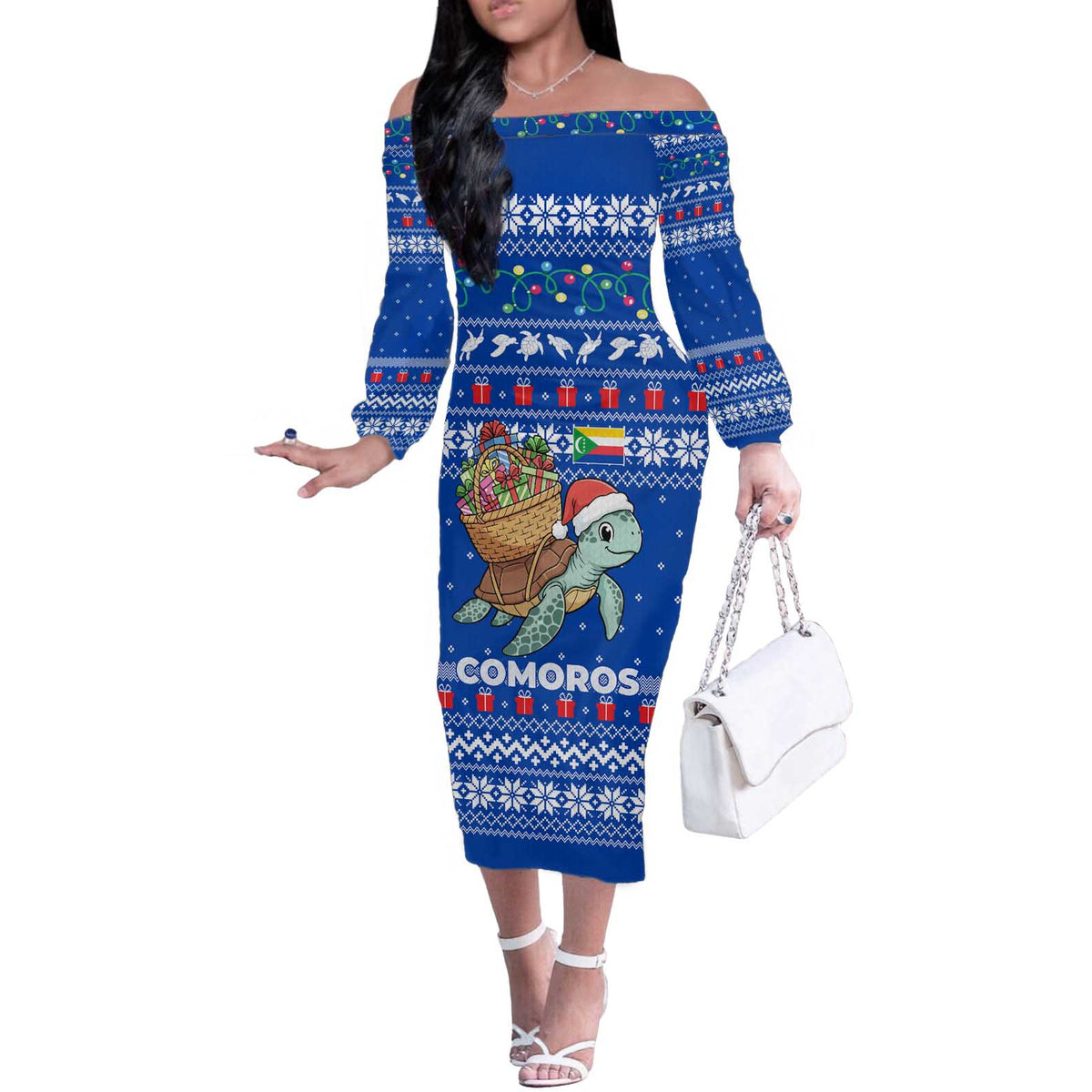 Comoros Christmas Off The Shoulder Long Sleeve Dress with Santa Turtle Gifts Snowflakes and Ocean Blue Holiday Pattern - Wonder Print Shop