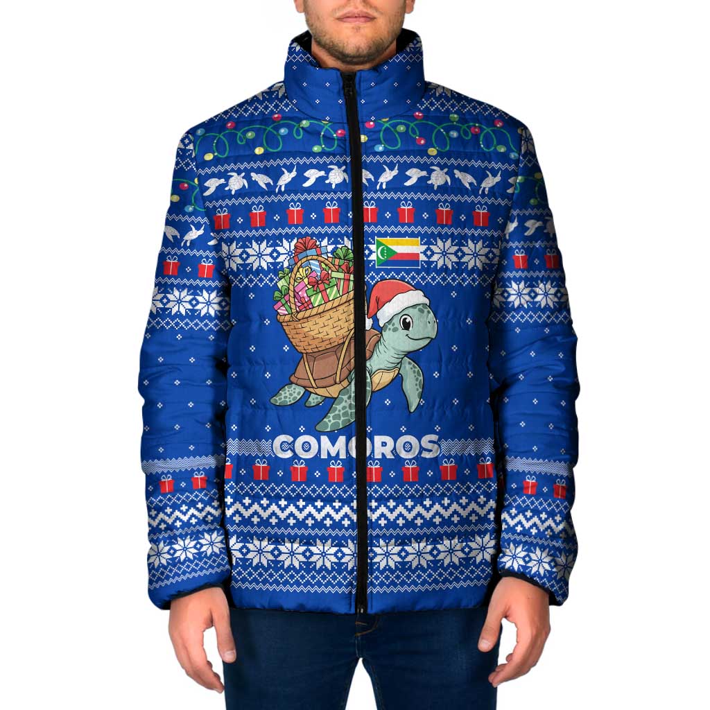 Comoros Christmas Padded Jacket with Santa Turtle Gifts Snowflakes and Ocean Blue Holiday Pattern - Wonder Print Shop