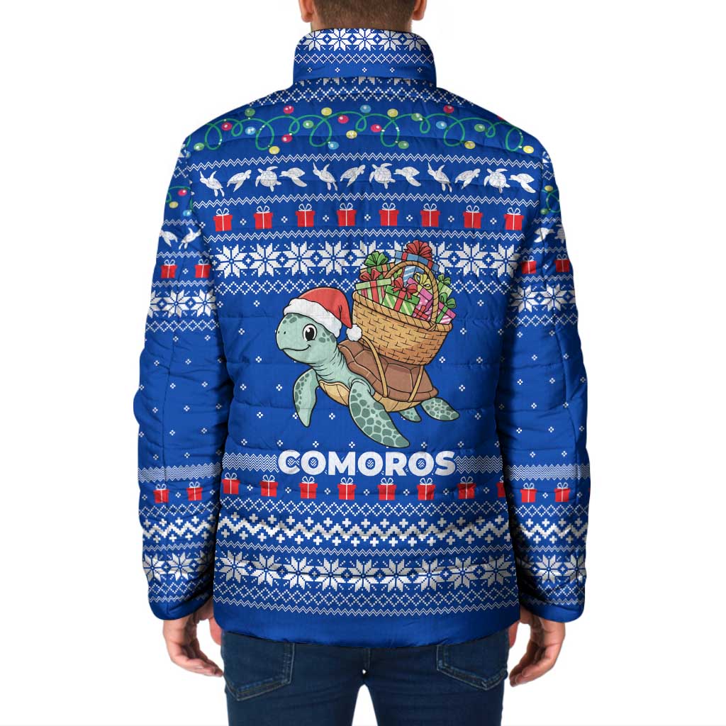 Comoros Christmas Padded Jacket with Santa Turtle Gifts Snowflakes and Ocean Blue Holiday Pattern - Wonder Print Shop