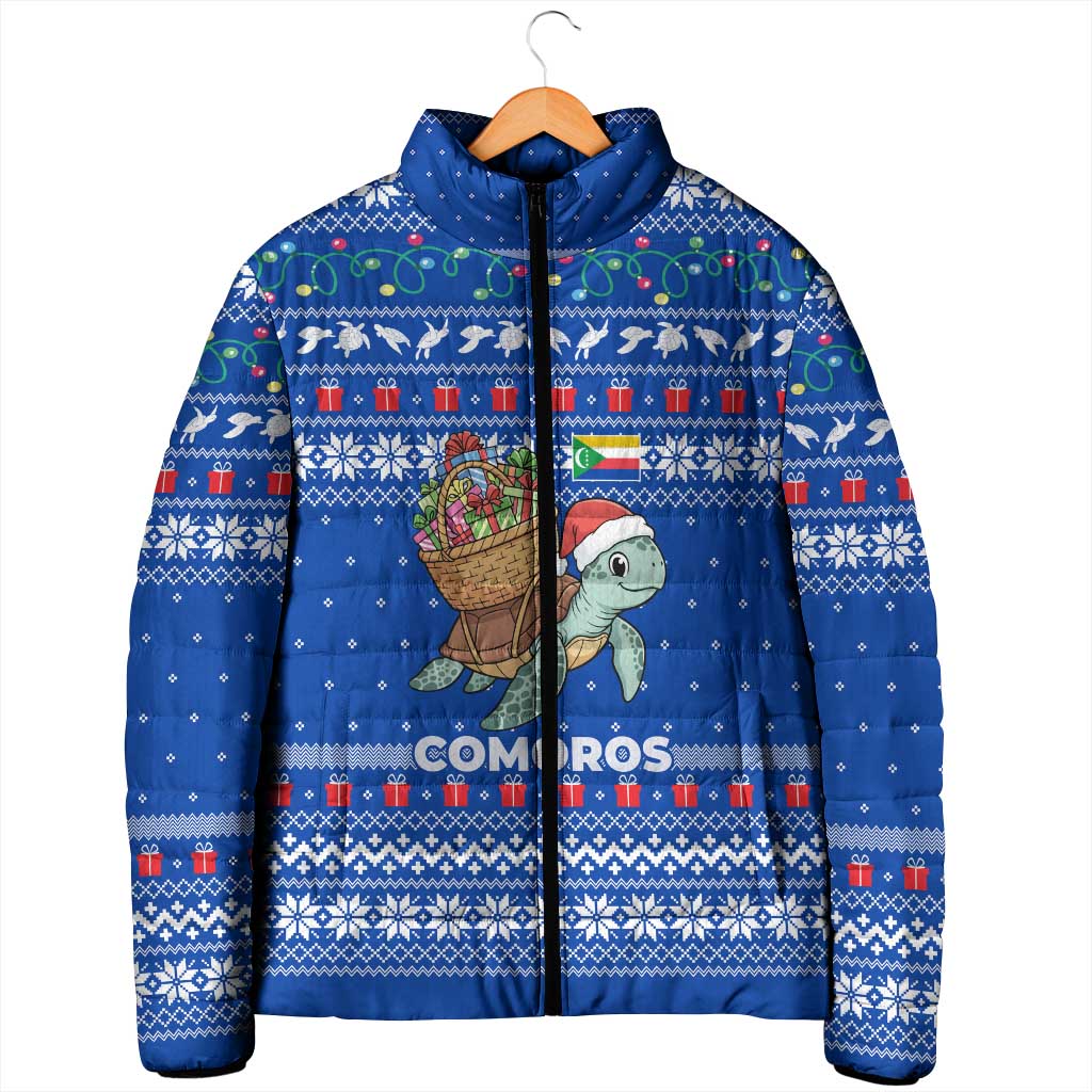 Comoros Christmas Padded Jacket with Santa Turtle Gifts Snowflakes and Ocean Blue Holiday Pattern - Wonder Print Shop