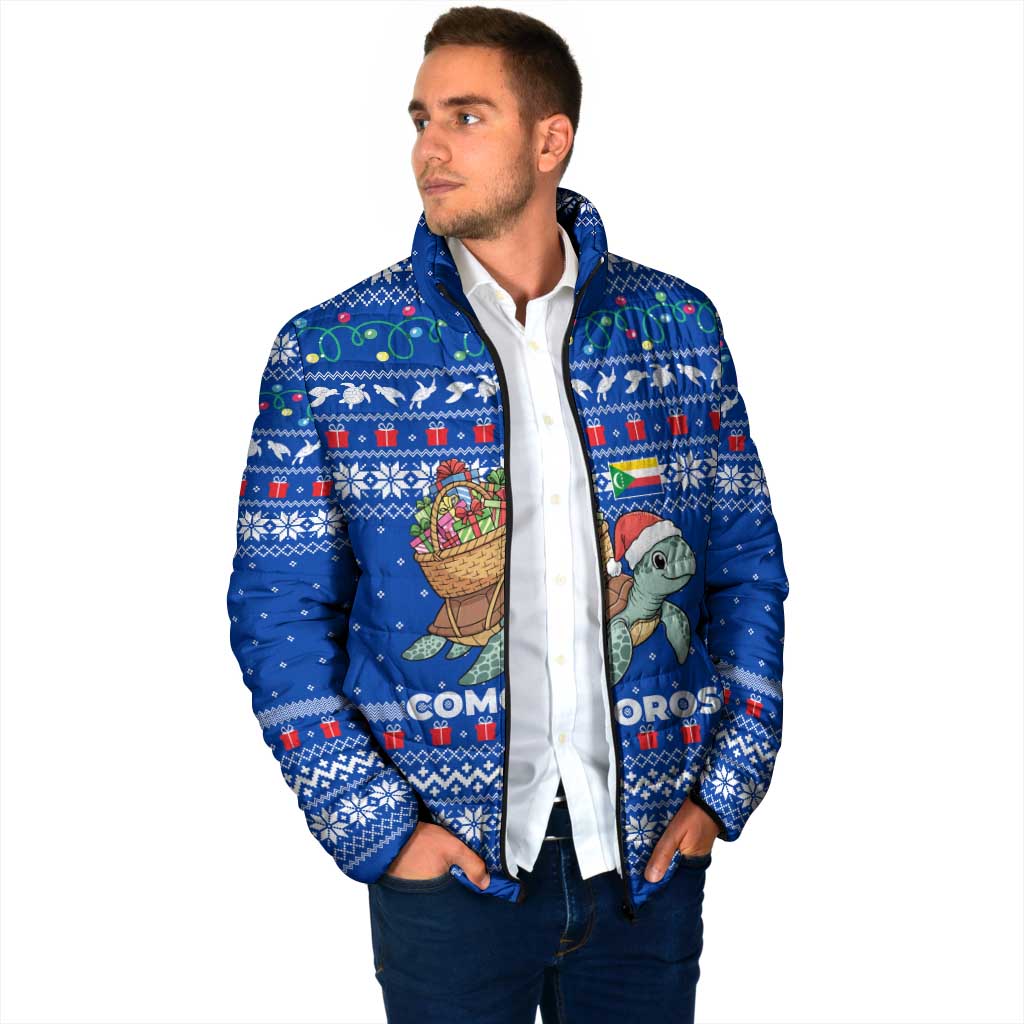 Comoros Christmas Padded Jacket with Santa Turtle Gifts Snowflakes and Ocean Blue Holiday Pattern - Wonder Print Shop
