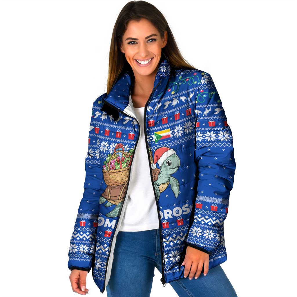 Comoros Christmas Padded Jacket with Santa Turtle Gifts Snowflakes and Ocean Blue Holiday Pattern - Wonder Print Shop