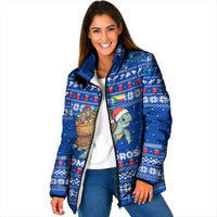 Comoros Christmas Padded Jacket with Santa Turtle Gifts Snowflakes and Ocean Blue Holiday Pattern - Wonder Print Shop