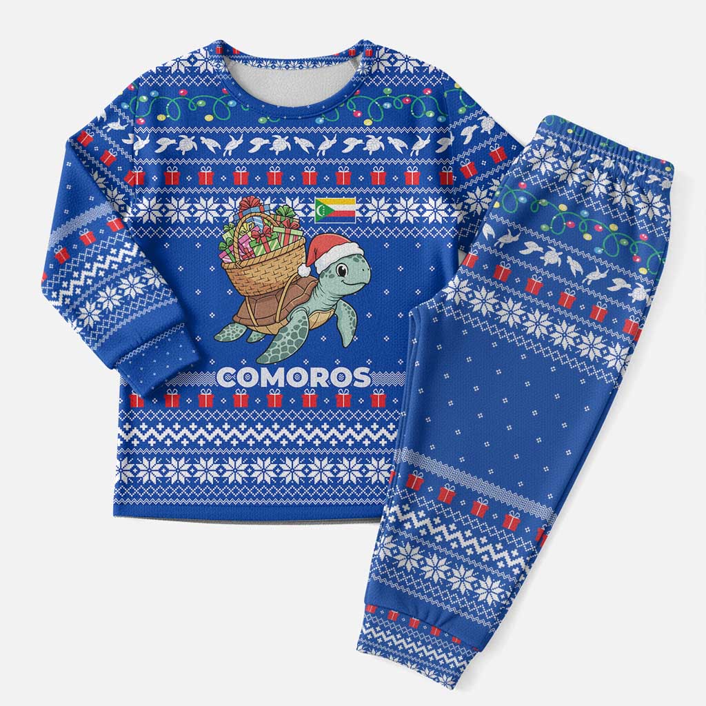 Comoros Christmas Pajama Set with Santa Turtle Gifts Snowflakes and Ocean Blue Holiday Pattern - Wonder Print Shop