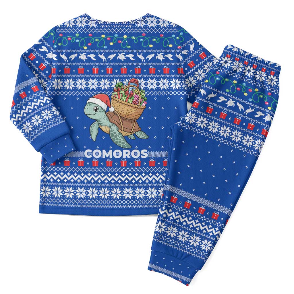 Comoros Christmas Pajama Set with Santa Turtle Gifts Snowflakes and Ocean Blue Holiday Pattern - Wonder Print Shop