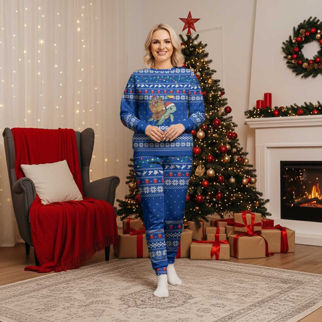 Comoros Christmas Pajama Set with Santa Turtle Gifts Snowflakes and Ocean Blue Holiday Pattern - Wonder Print Shop