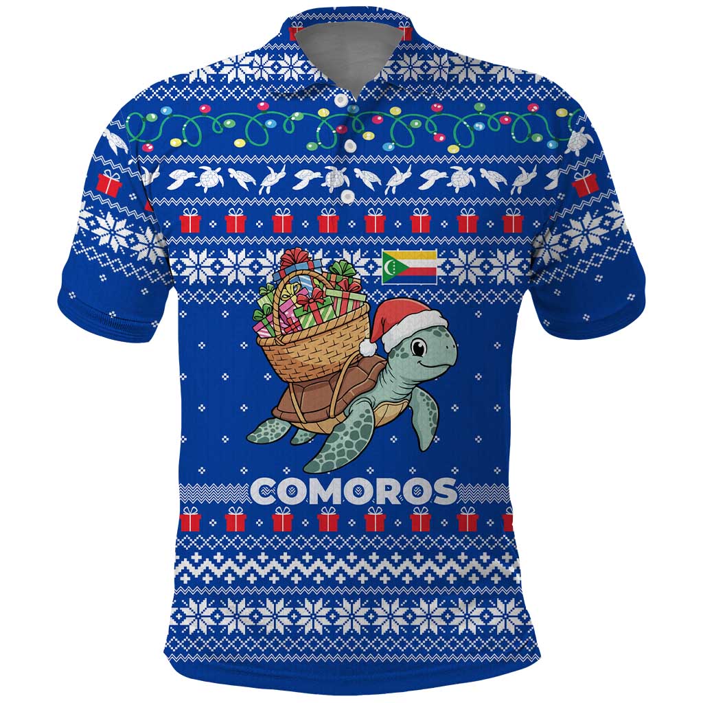 Comoros Christmas Polo Shirt with Santa Turtle Gifts Snowflakes and Ocean Blue Holiday Pattern - Wonder Print Shop