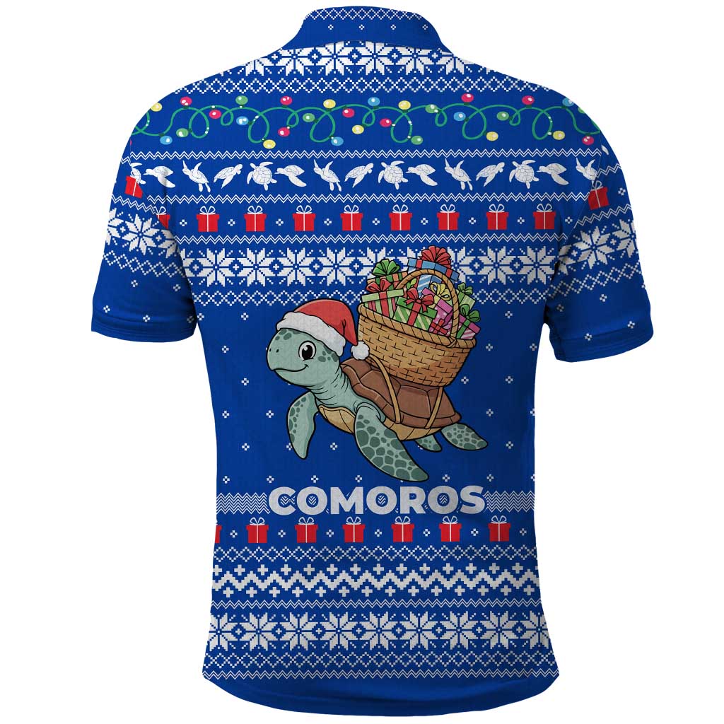 Comoros Christmas Polo Shirt with Santa Turtle Gifts Snowflakes and Ocean Blue Holiday Pattern - Wonder Print Shop