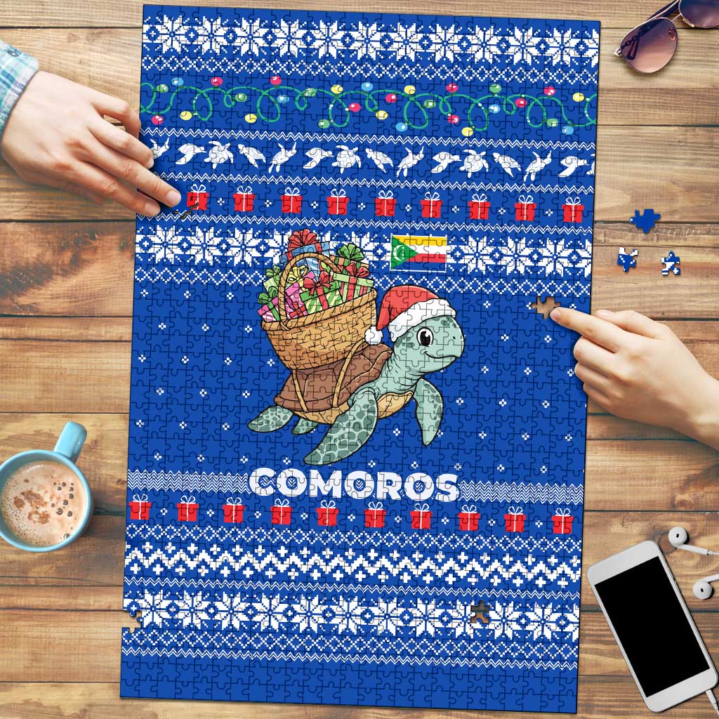 Comoros Christmas Puzzle with Santa Turtle Gifts Snowflakes and Ocean Blue Holiday Pattern - Wonder Print Shop